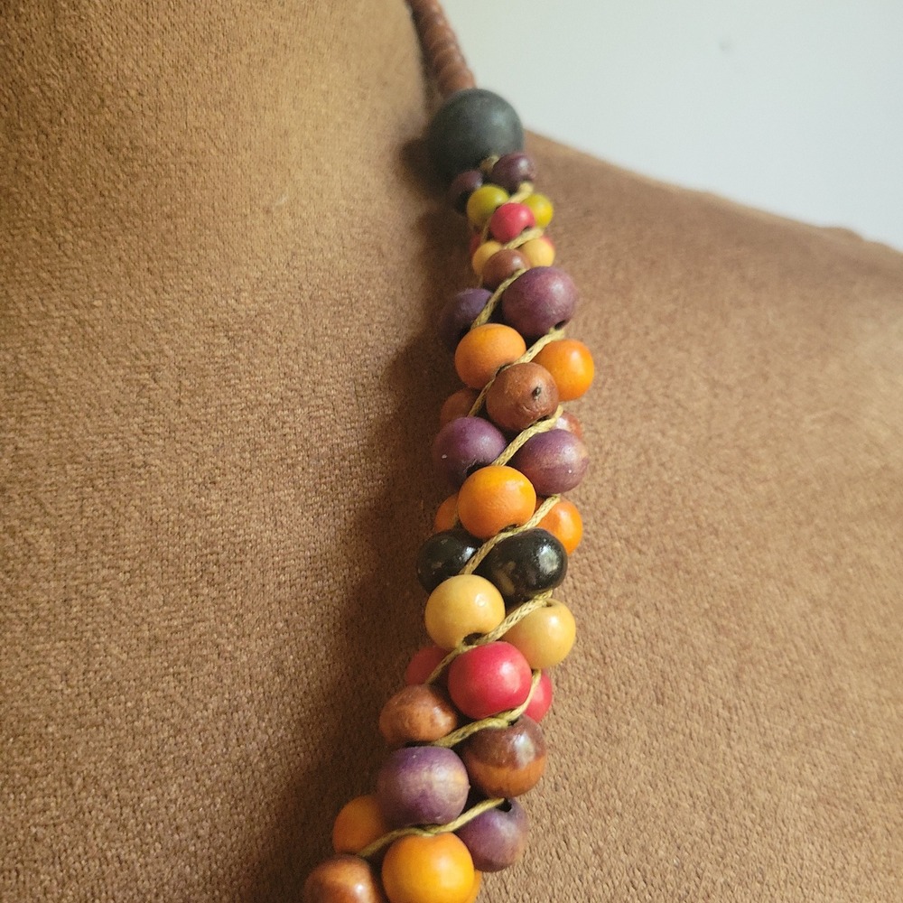 Vintage Multi Color Braided Wood Bead Chunky Statement Necklace 20 In Eclectic - Picture 3 of 4